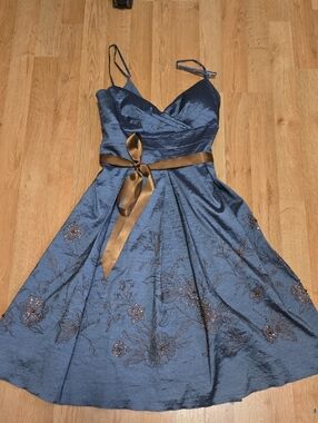 Olga Cassini Slate Sweetheart Bust Fit Flare Dress Slate Blue And Brown